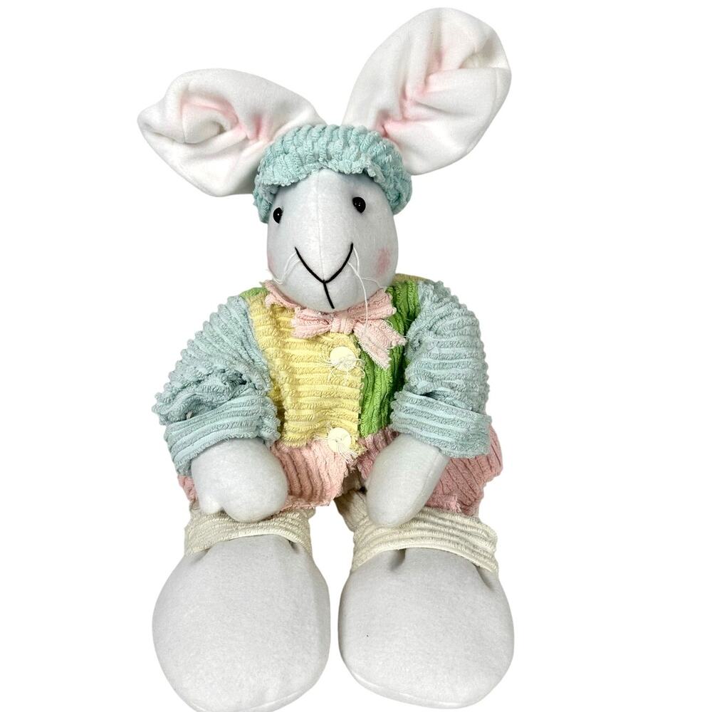 Chenille Stuffed Handmade Vintage Bunny in Multi-Pastel Sweater & Cap-Adorable!